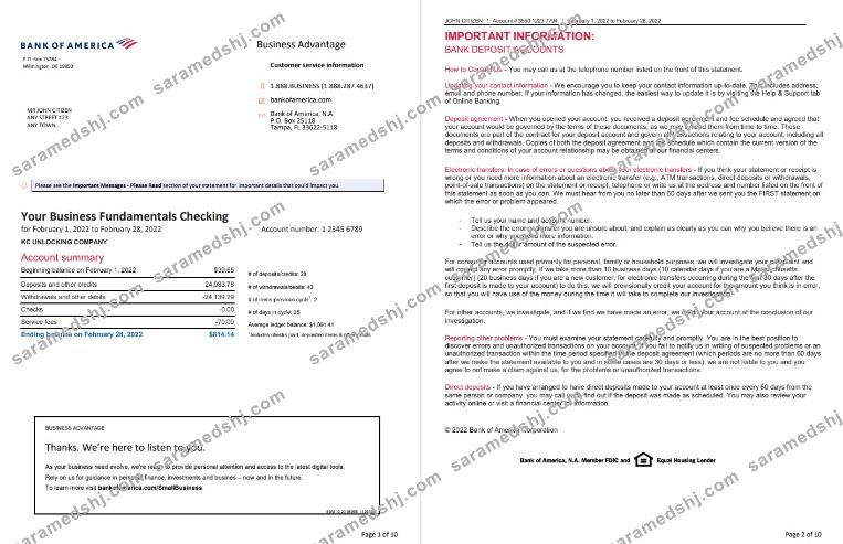 USA Bank of America bank statement, Word and PDF template, 10 pages